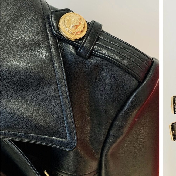 Black and gold button leather trench coat - Picture 4 of 6